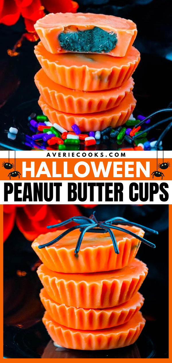 Halloween Peanut Butter Cups — Learn how to make white chocolate peanut butter cups with this NO-BAKE 5-INGREDIENT RECIPE! With festive Halloween colors, they're sure to be a hit with everyone from kids to adults alike! They keep perfectly for weeks so feel free to make them in advance and pass them out at your Halloween parties and festivities!