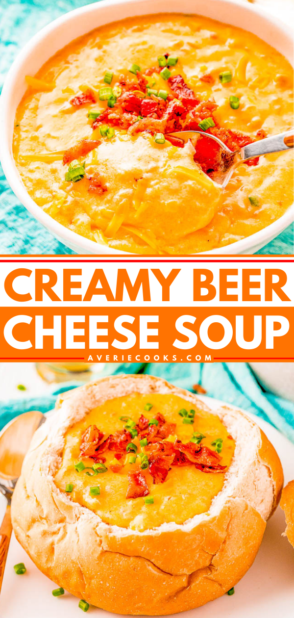 Beer Cheese Soup — The BEST recipe for decadent beer cheese soup that's loaded with flavor, including two different types of cheeses! A comfort food family favorite soup that's perfect for chilly weather. You can even make it on busy weeknights because it's a one-pot recipe that's ready in 30 minutes!