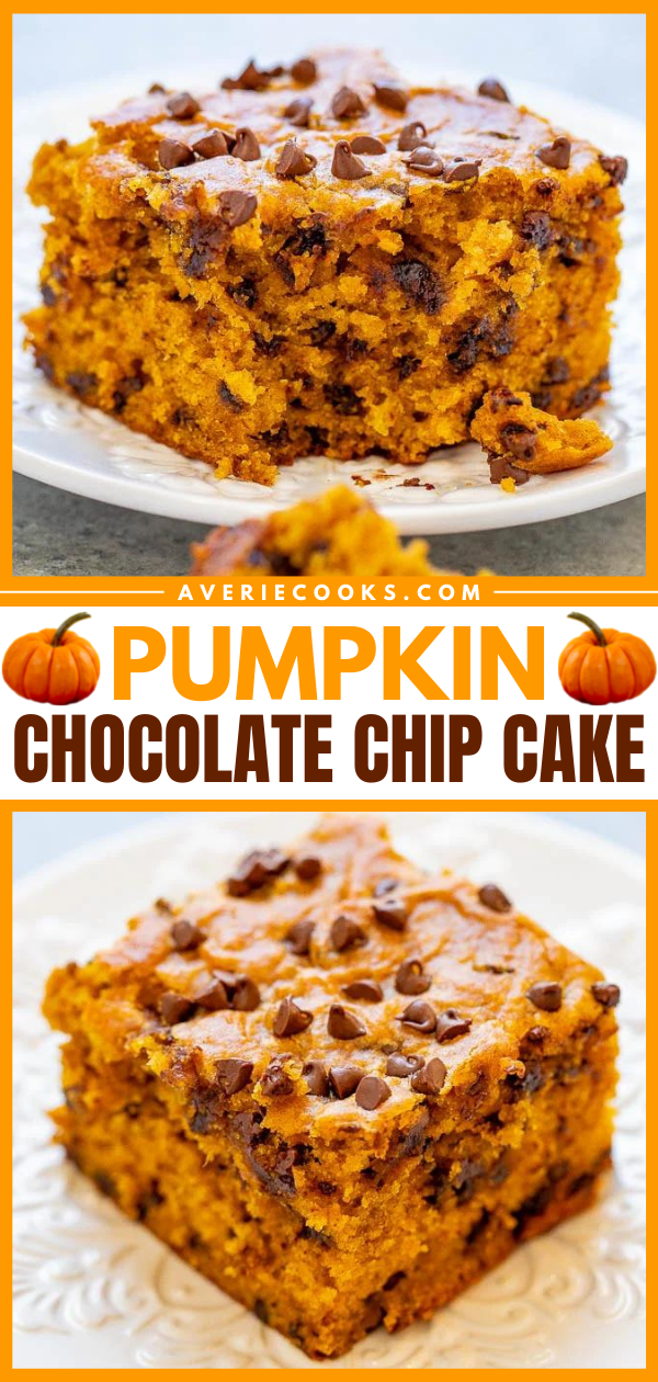 Pumpkin Chocolate Chip Cake — This soft and moist pumpkin cake is loaded with chocolate in every bite!! An EASY one-bowl fall dessert that's perfect for impromptu entertaining or anytime a pumpkin craving strikes!! 