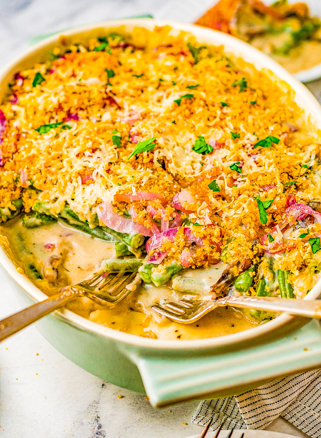 Best Green Bean Casserole - A healthier, modern, fresher take on classic green bean casserole! No processed soups nor canned ingredients and instead made with fresh green beans, mushrooms, red onions, and a cheesy crispy breadcrumb topping that will have the whole family going back for seconds! Put this on your Thanksgiving, Christmas, and holiday entertaining menus!