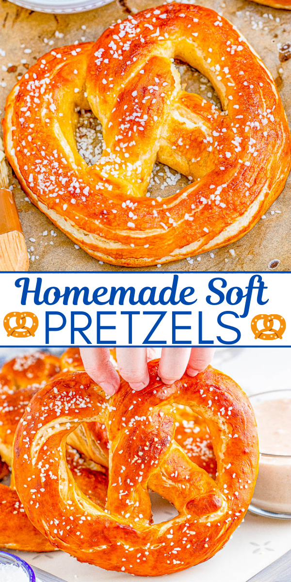 Homemade Soft Pretzels - These jumbo pretzels are soft, chewy, and just like the IRRESISTIBLE ones at your local mall's food court! Skip the mall and make these at home in ONE HOUR with this EASY to follow recipe and step-by-step photos! Whether you want to sprinkle them with coarse salt or cinnamon-sugar, these carby delights will be an automatic family FAVORITE! 