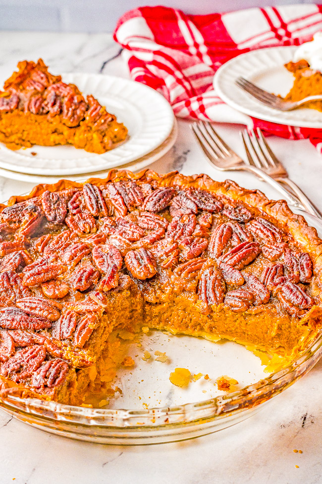 Pumpkin Pecan Pie - Merging two favorite pies in one so that the whole family can agree on a holiday dessert! This EASY pie is perfect for Thanksgiving, Christmas, holiday entertaining, and can be made in advance with store bought crust to save time!