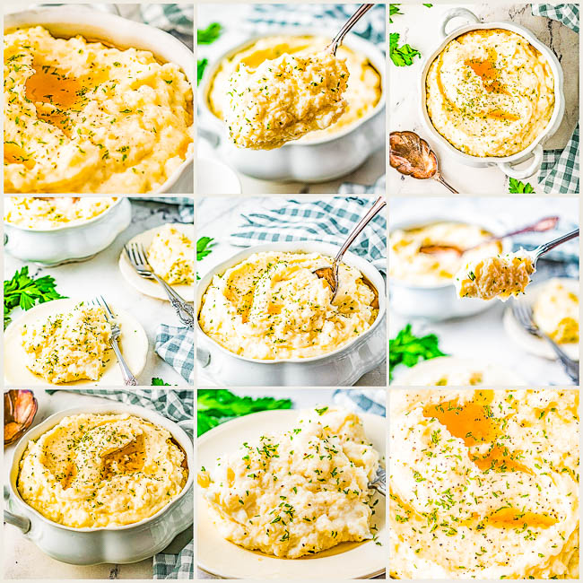 Browned Butter Slow Cooker Mashed Potatoes — Creamy and decadent from the herbed browned butter, these EASY mashed potatoes are a family favorite side dish! Made in the slow cooker to free up stove and oven space. No one will be able to resist these comforting buttery mashed potatoes at Thanksgiving, Christmas, or your next family gathering!