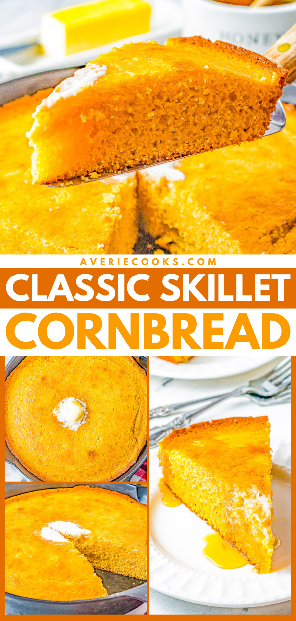 Cast Iron Skillet Cornbread — Moist, fluffy, homemade buttermilk cornbread prepared in a cast iron skillet for a crispy edge. The buttery subtle sweetness makes it a cross between a side dish and a stand-alone comforting snack. Whether you make it for a weeknight family dinner or a holiday celebration, it's so EASY, ready in 30 minutes, and FOOLPROOF!