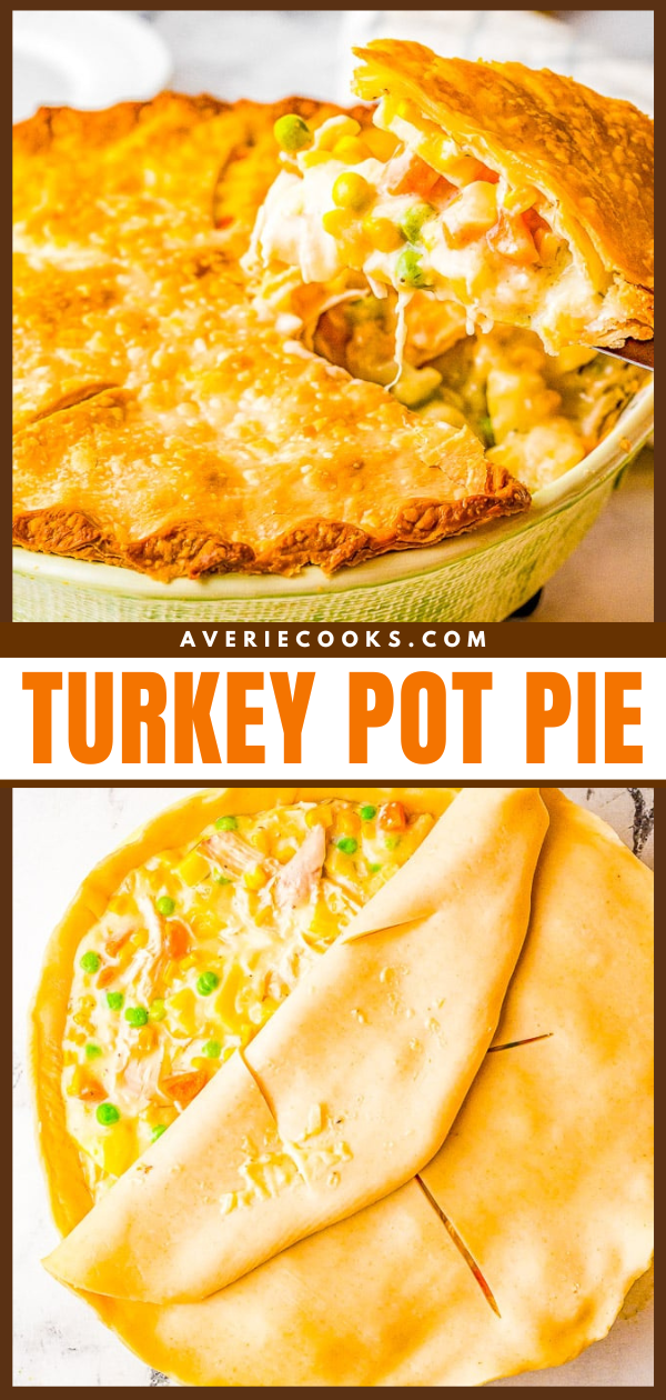 A golden-brown turkey pot pie with a slice removed, revealing a creamy filling with vegetables, and a whole pie on a white surface.
