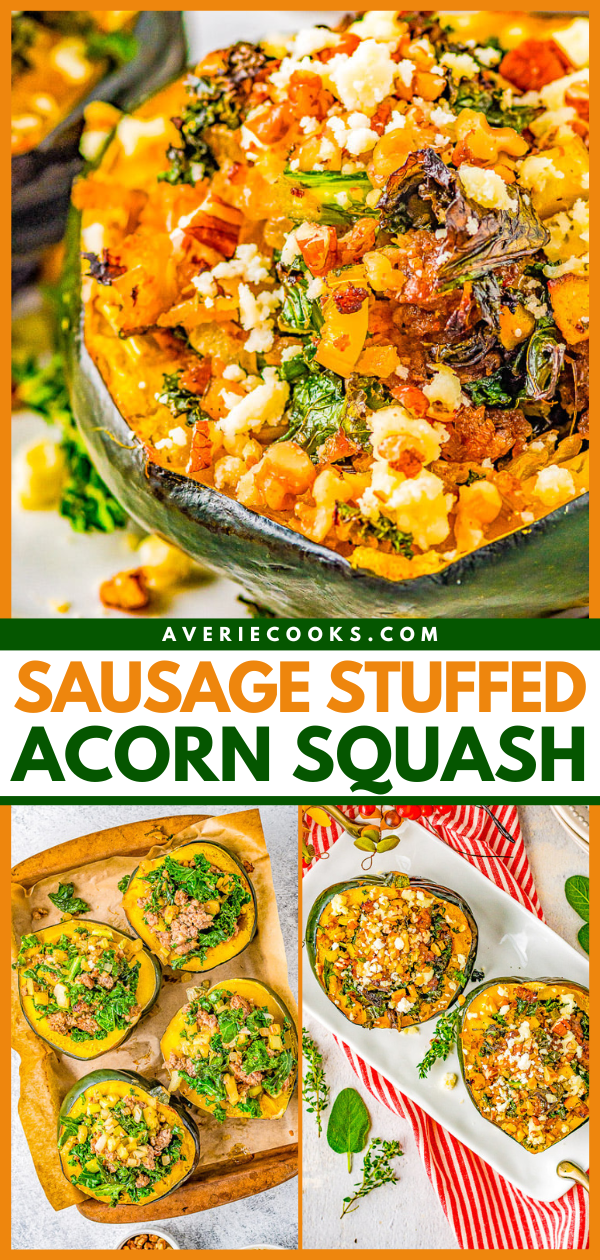 Sausage Stuffed Acorn Squash — Stuffed with a mixture of Italian sausage, celery, apple, kale, and seasoned with sage, rosemary, and thyme. This is the perfect fall dinner or hearty side dish recipe that's ready in under an hour! Healthy, easy, full of flavor and texture, and a very versatile recipe!