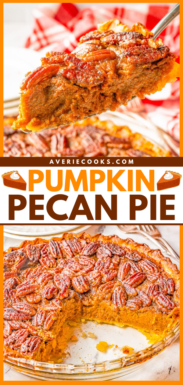 Pumpkin Pecan Pie — Merging two favorite pies in one so that the whole family can agree on a holiday dessert! This EASY pie is perfect for Thanksgiving, Christmas, holiday entertaining, and can be made in advance with store bought crust to save time!
