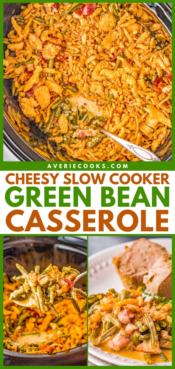 Cheesy Slow Cooker Green Bean Casserole — Fresh green beans are cooked with bacon and a THREE CHEESE sauce in the slow cooker to free up valuable oven space! NO CANNED SOUP nor processed sauces here. An EASY comfort food side dish that's perfect for Thanksgiving, Christmas, parties, and events!