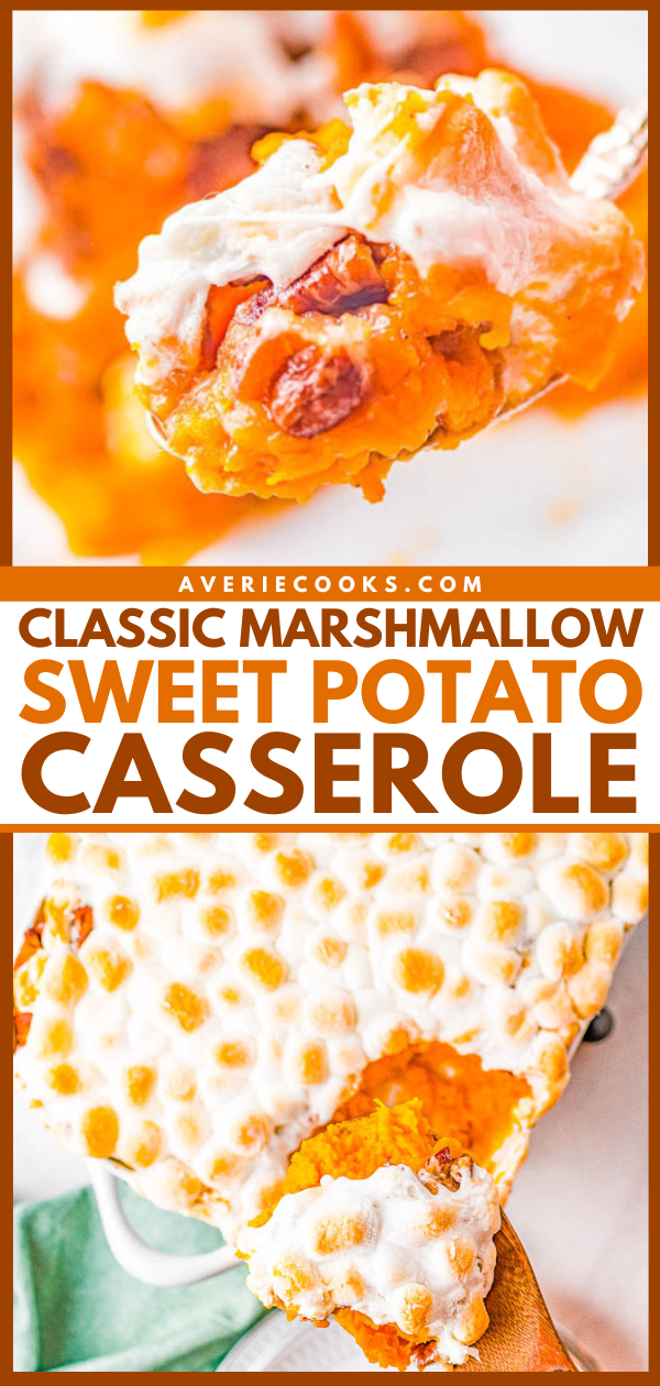 Classic Marshmallow Sweet Potato Casserole — An EASY recipe for the BEST sweet potato casserole with pecans! Tender and creamy sweet potatoes, the subtle crunch of a buttery pecan crumble, and gooey marshmallows make this comfort food side dish an automatic family FAVORITE! It'll be on repeat for your Thanksgiving, Christmas, and holiday celebrations every year!