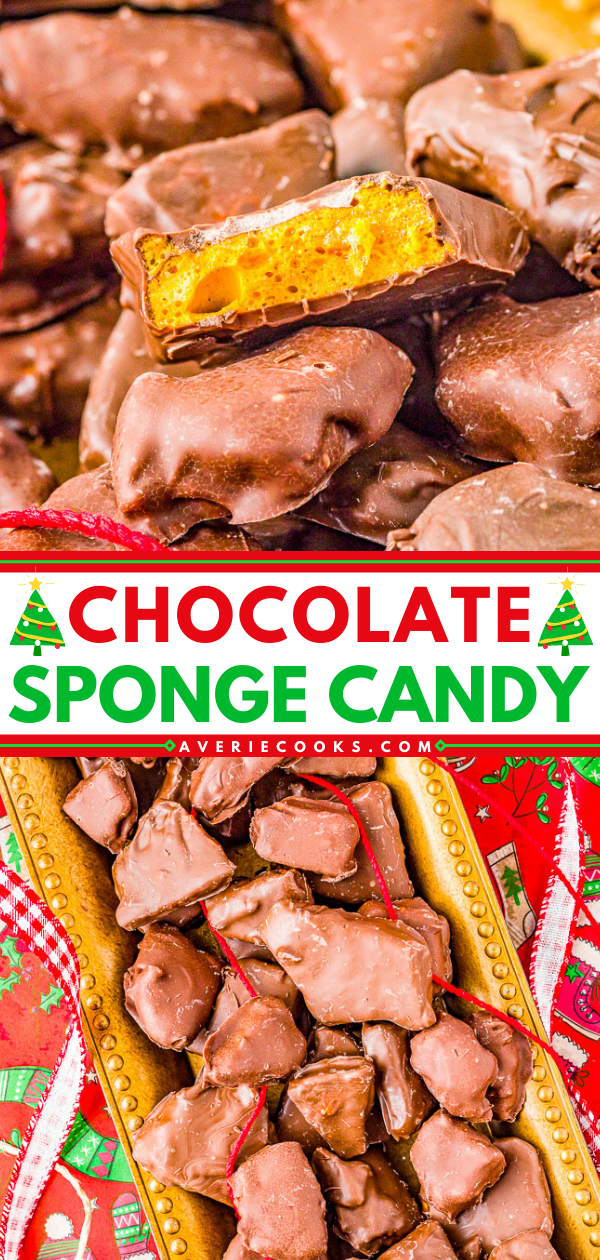 Chocolate-Covered Sponge Candy — A classic homemade Christmas candy that's light and airy candy inside and chocolate-dipped on the outside. Easy to make! Great for cookie exchanges and hostess gifts because it keeps fresh for a long time!