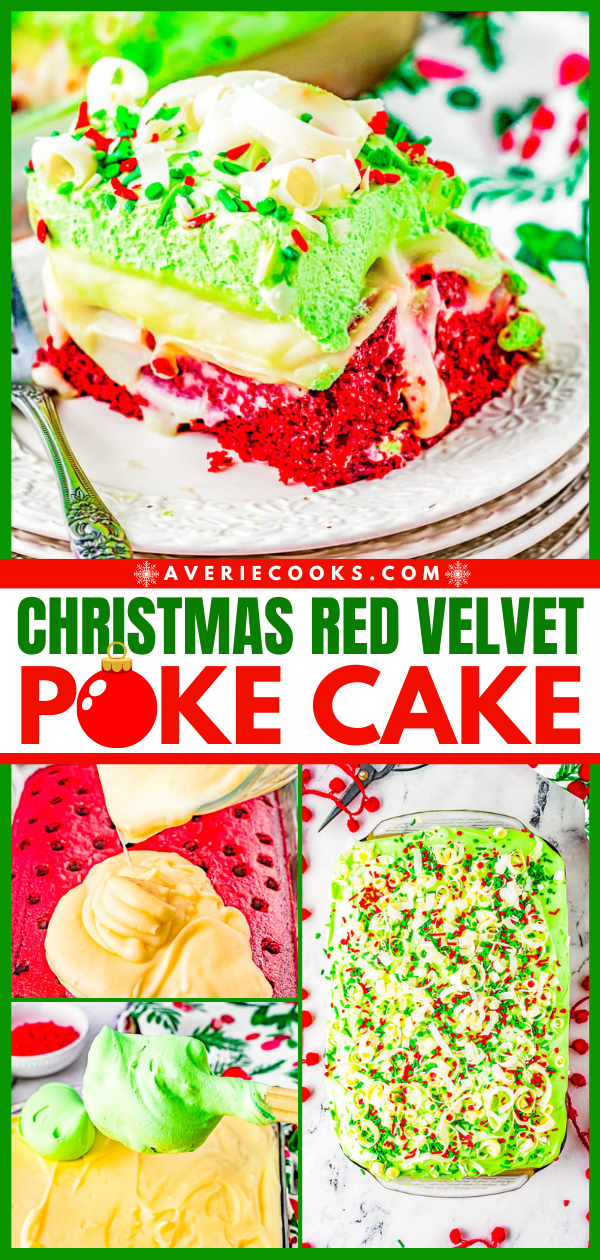 Christmas Red Velvet Poke Cake — The EASIEST and most impressive red velvet Christmas cake! You'll have your friends and family thinking you're a rock star pastry chef! Moist red velvet cake is infused with white chocolate pudding, then topped with whipped topping, sprinkles, and white chocolate curls! Ready in ONE HOUR and uses shortcut ingredients to make your job as easy and hassle-free as possible! 