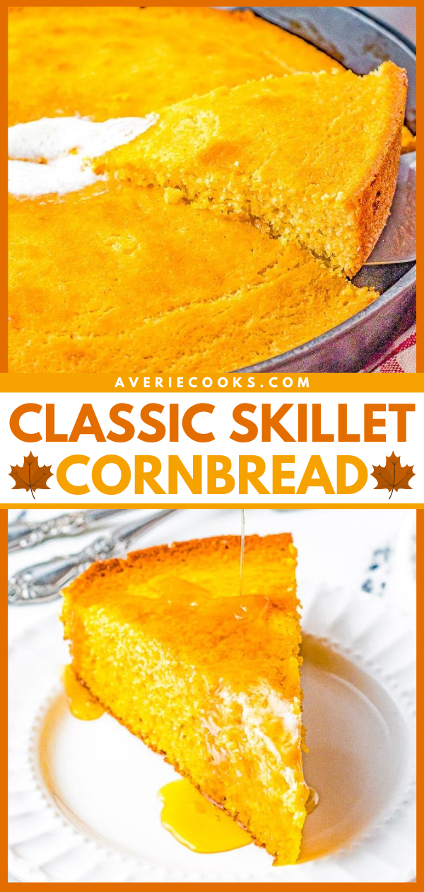 Cast Iron Skillet Cornbread — Moist, fluffy, golden brown buttermilk cornbread prepared in a cast iron skillet for a crispy edge. The buttery subtle sweetness makes it a cross between a side dish and a stand-alone comforting snack. Whether you make it for a weeknight family dinner or a holiday celebration, it's so EASY, ready in 30 minutes, and FOOLPROOF!