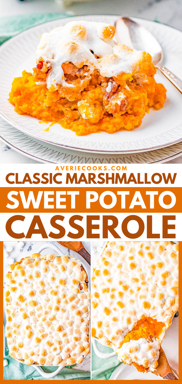 Classic Marshmallow Sweet Potato Casserole — An EASY recipe for the BEST sweet potato casserole with pecans! Tender and creamy sweet potatoes, the subtle crunch of a buttery pecan crumble, and gooey marshmallows make this comfort food side dish an automatic family FAVORITE! It'll be on repeat for your Thanksgiving, Christmas, and holiday celebrations every year!