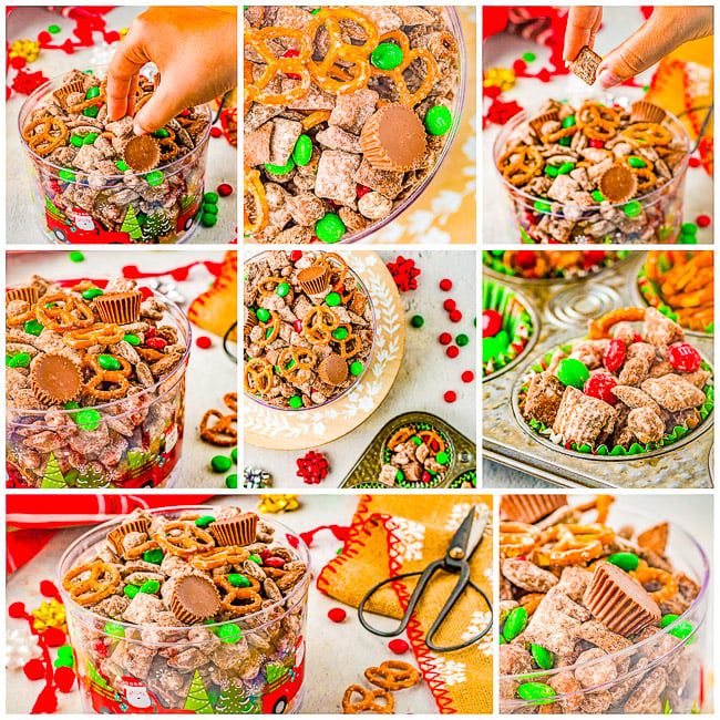 Loaded Christmas Puppy Chow - This fast, easy, no-bake holiday treat is LOADED with all the good stuff! Chocolate, peanut butter, sugar, M&Ms, peanut butter cups, and pretzels for a salty-sweet, crunchy, and addictive snack! Makes great little gifts because it keeps well and everyone LOVES it! 
