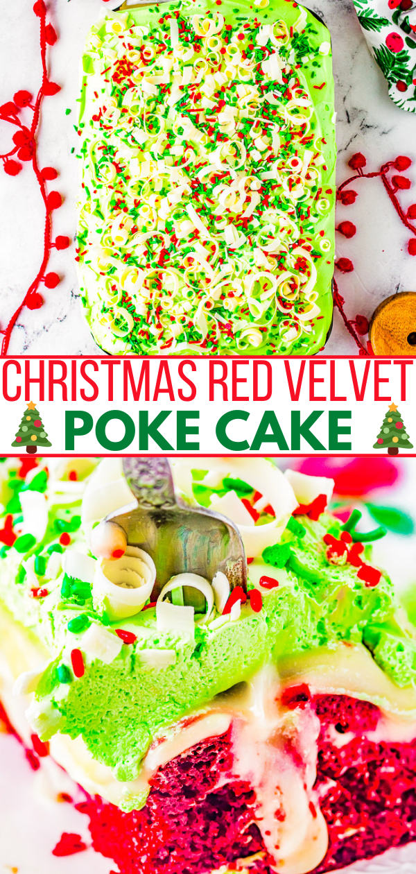 Red Velvet Christmas Cake - The EASIEST and most impressive Christmas cake! You'll have your friends and family thinking you're a rock star pastry chef! Moist red velvet cake is infused with white chocolate pudding, topped with whipped topping, sprinkles, and white chocolate curls! Ready in ONE HOUR and uses shortcut ingredients to make your job as easy and hassle-free as possible! 