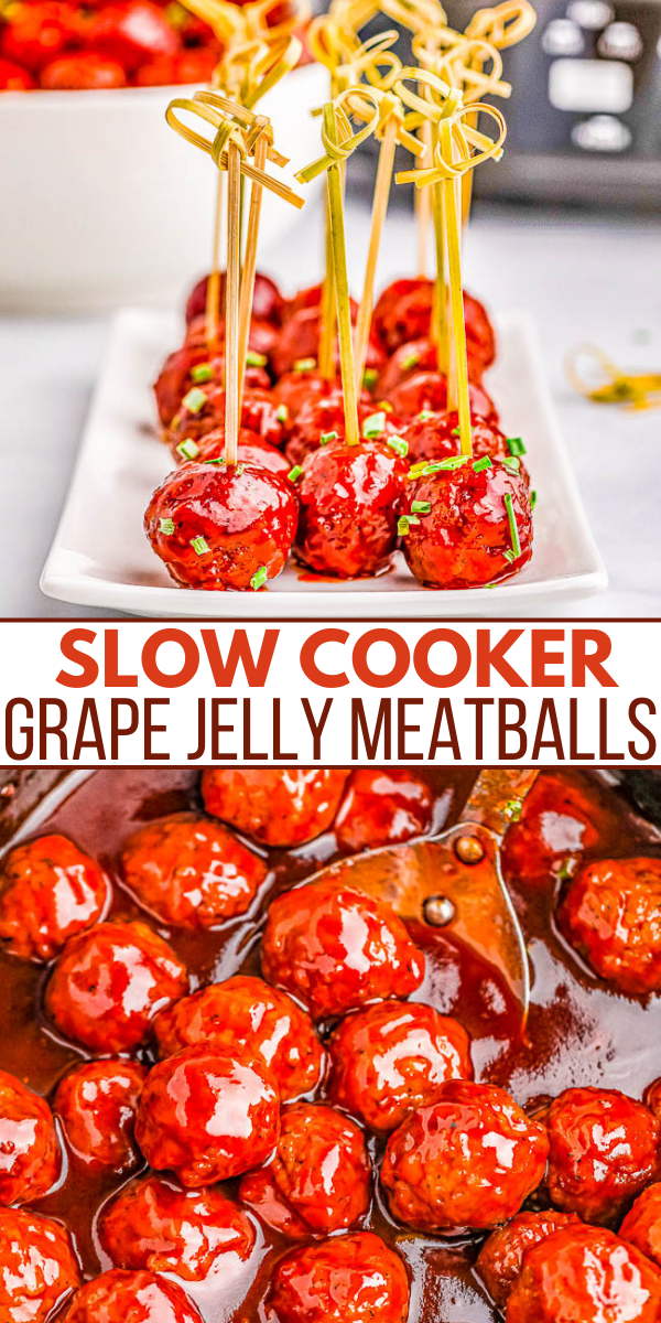 Slow Cooker Grape Jelly Meatballs - The EASIEST holiday appetizer that's made with just 3 INGREDIENTS! People adore these saucy meatballs loaded with FLAVOR! A perfect appetizer for Thanksgiving, Christmas, New Year's celebrations and holiday parties. Or make them for your next tailgating or game day party!