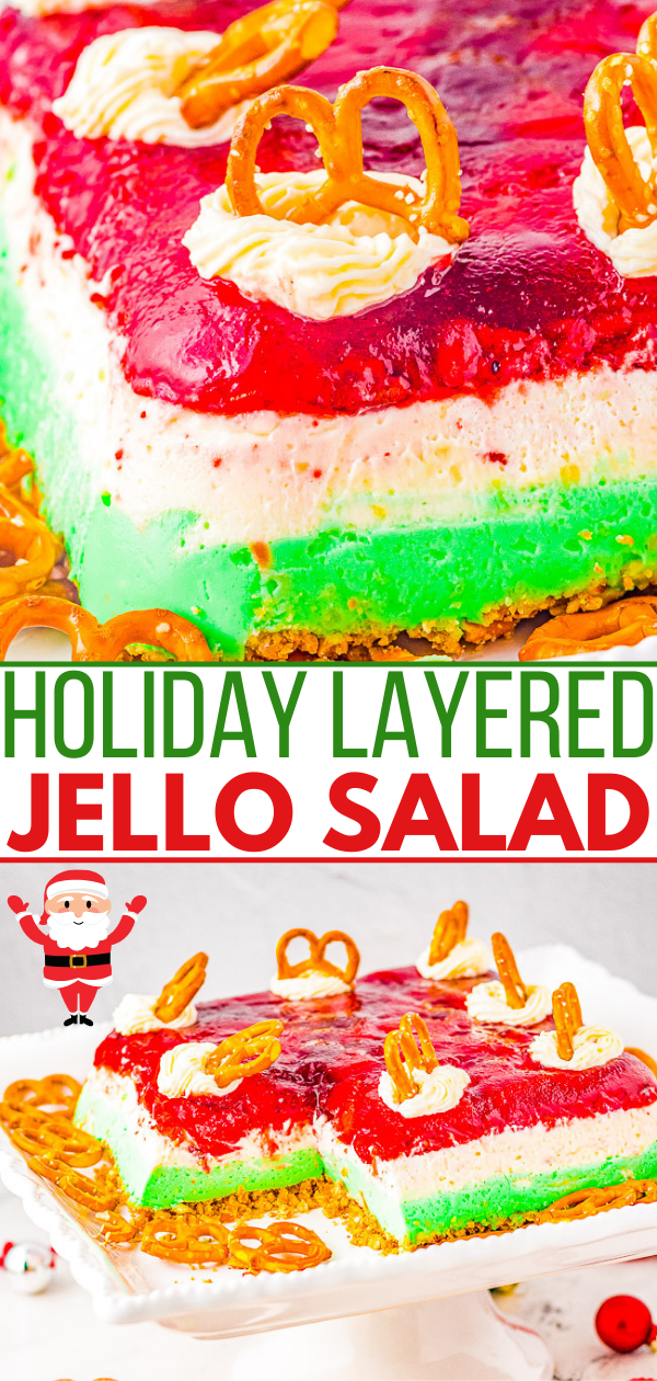 Layered Cranberry Jello Salad - A festive holiday layered recipe with cranberries, pineapple, cream cheese, pecans, and pretzels! A little bit creamy, crunchy, sweet, and a little salty. A nostalgic family favorite with an impressive presentation to wow your holiday guests!