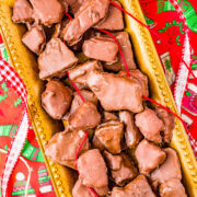 Chocolate sponge candy in a gold dish.