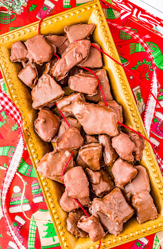 Chocolate-Covered Sponge Candy — A classic homemade Christmas candy that's light and airy candy inside and chocolate-dipped on the outside. Easy to make! Great for cookie exchanges and hostess gifts because it keeps fresh for a long time!