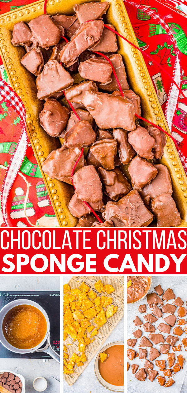 Chocolate Covered Sponge Candy - A timeless classic Christmas candy that's light and airy candy inside and chocolate-dipped on the outside. Easy to make! Great for cookie exchanges and hostess gifts because it keeps fresh for a long time!