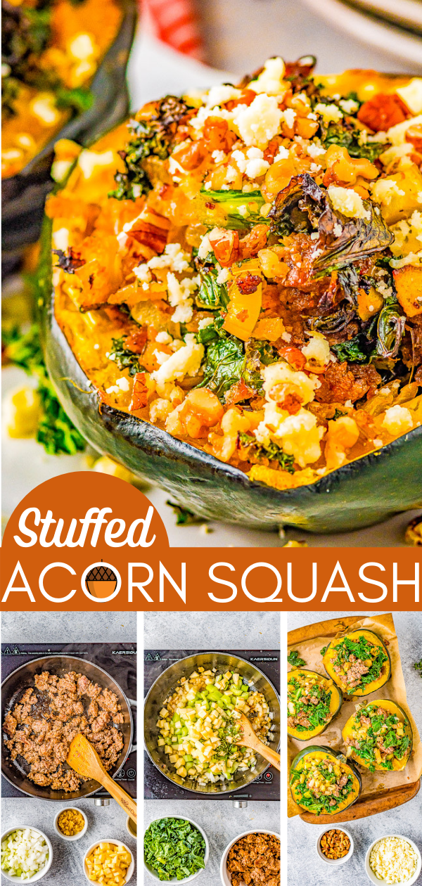 Stuffed Acorn Squash - Stuffed with a mixture of Italian sausage, celery, apple, kale, and seasoned with sage, rosemary, and thyme. This is the perfect fall dinner or hearty side dish recipe that's ready in under an hour! Healthy, easy, full of flavor and texture, and a very versatile recipe!