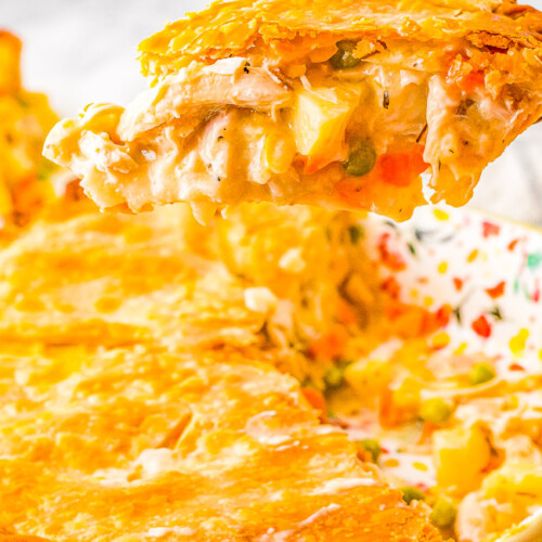 Turkey Pot Pie - Hearty, creamy, comforting, perfect for chilly weather, and EASY to make! Use leftover shredded TURKEY OR CHICKEN in this homemade pot pie recipe loaded with potatoes, carrots, celery, peas, and juicy chunks of meat. Use store bought refrigerated pie crust and a shreddedย rotisserie chicken to save even more time!