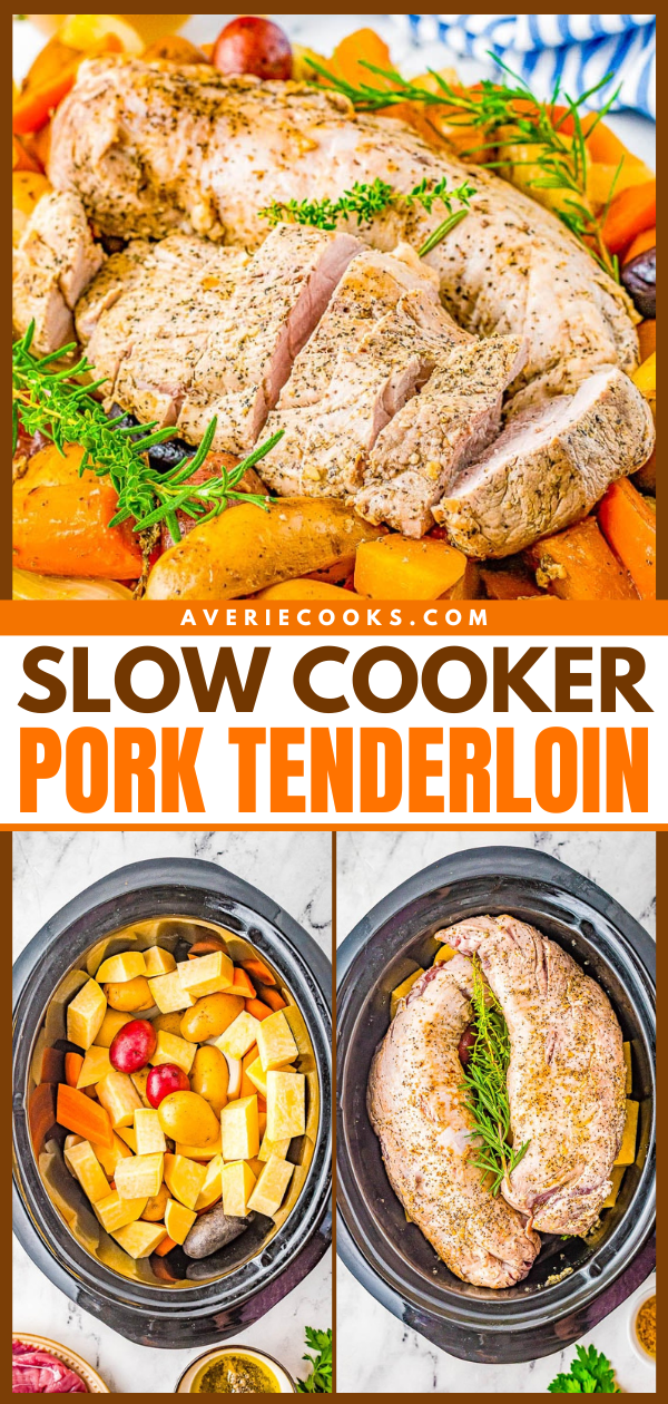 Slow Cooker Pork Tenderloin — Tender and juicy boneless pork tenderloin is slow cooked with hearty vegetables for a complete and EASY meal! Reminiscent of a hearty and rustic recipe, yet fancy enough for a special dinner or holiday entertaining!
