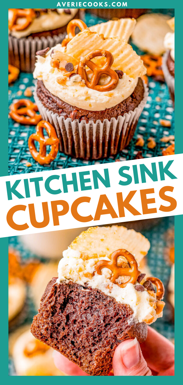 Kitchen Sink Cupcakes — Rich and decadent chocolate cupcakes topped with everything but the kitchen sink including pretzels, potato chips, toffee bits, and chocolate chips! FAST and EASY cupcakes to make because they use a chocolate cake mix base to save you time!