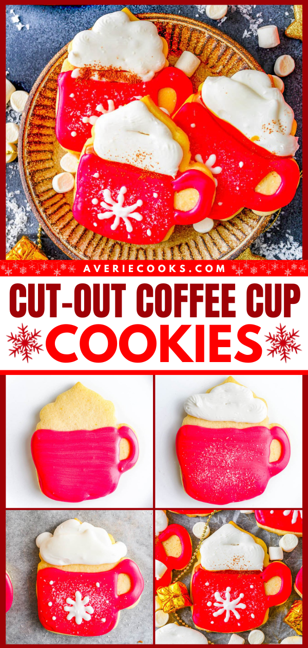 Cut-Out Coffee Cup Cookies — Soft, buttery sugar cookies cut out in the shape of coffee cups and decorated with red and white royal icing! These sugar cookies are PERFECT for Christmas as well as for wintertime parties and entertaining. No one will be able to resist these unique beauties!