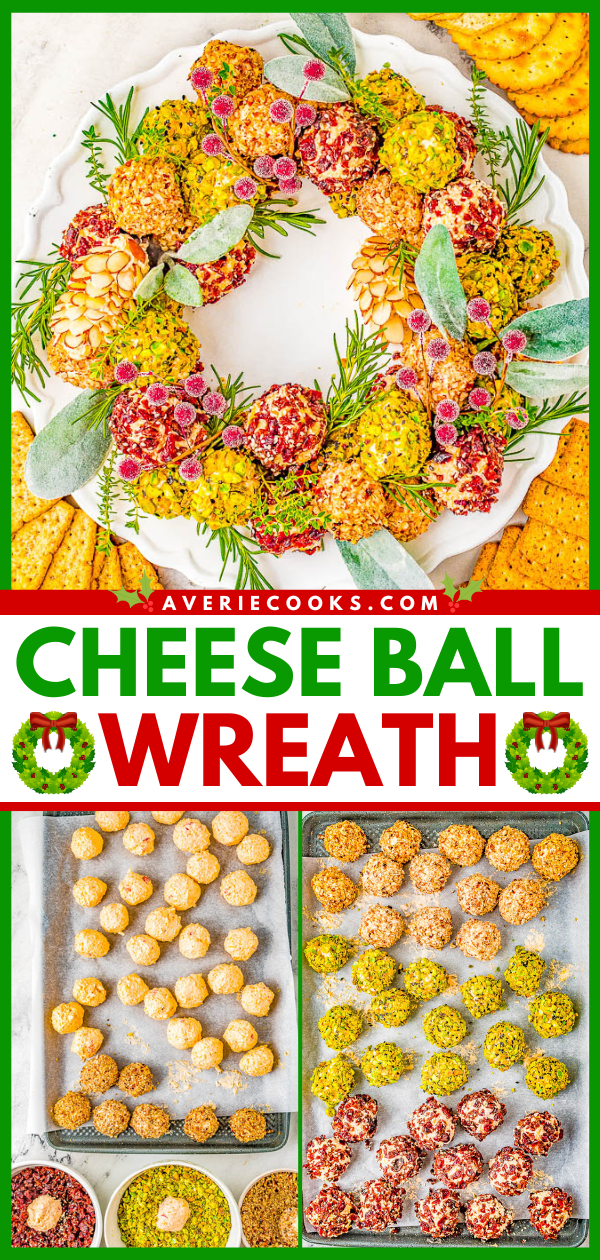 Christmas Cheese Ball Wreath — A delectable cheese ball mixture rolled in festive and colorful toppings and arranged into a wreath! A show-stopping presentation of wonderful cheese bites for your holiday parties and entertaining tables! EASY to make and can be made IN ADVANCE! No one can resist the allure of cheese!