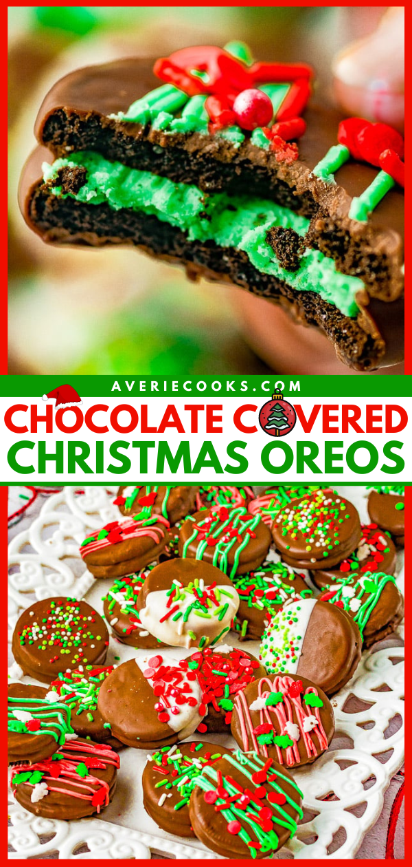 Christmas Chocolate-Covered Oreos — Oreo cookies dipped in chocolate and loaded with sprinkles are an irresistible holiday treat! Fast, EASY, no-bake, can be made in advance! Perfect for cookie exchanges and hostess gifts. Get ready to break out the sprinkles and have fun making and then eating these family favorite Christmas cookies!