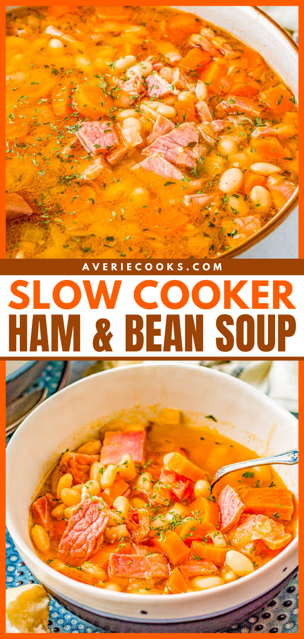 Slow Cooker Ham and Bean Soup — An incredibly EASY and comforting soup that can be made with leftover holiday ham or deli ham! Your slow cooker does all the work to meld the flavors together. OR you can also make this on the stove top in 30 minutes!