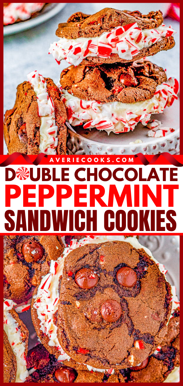 Double Chocolate Peppermint Cookies — Rich, decadent, soft and chewy double chocolate cookies are sandwiched together with a tangy cream cheese filling before being rolled in crushed candy canes and drizzled with white chocolate for extra flavor and holiday festiveness! They're the PERFECT Christmas cookie! 