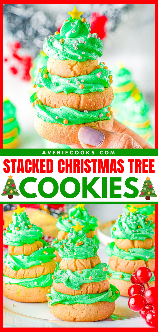Stacked Christmas Tree Sugar Cookies — Softy, chewy, buttery sugar cookies are stacked in the shape of Christmas trees and layered with buttercream frosting! Fun and festive for the holidays and EASY to make! No need to roll out the dough nor chill it. A great holiday cookie to make with kids!