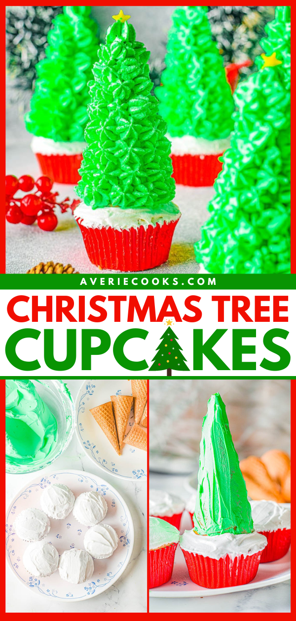 Christmas Tree Cupcakes — Vanilla cupcakes are turned into festive Christmas trees with the help of inverted ice cream cones that are decorated with green whipped cream! An no-mixer, one-bowl cupcake recipe that's so EASY! Perfect on your holiday dessert table or served at your next Christmas party. Detailed instructions provided to help make these Christmas tree cupcakes suitable for even novice bakers.