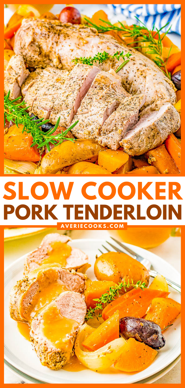 Slow Cooker Pork Tenderloin — Tender and juicy boneless pork tenderloin is slow cooked with hearty vegetables for a complete and EASY meal! Reminiscent of a hearty and rustic recipe, yet fancy enough for a special dinner or holiday entertaining!