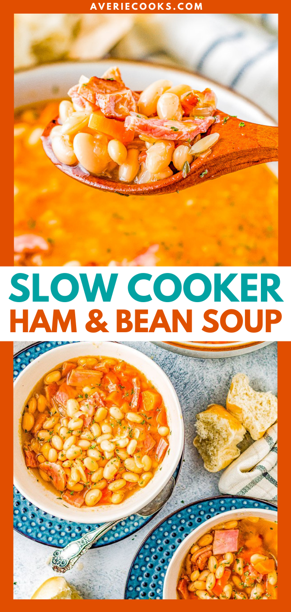 Slow Cooker Ham and Bean Soup — An incredibly EASY and comforting soup that can be made with leftover holiday ham or deli ham! Your slow cooker does all the work to meld the flavors together. OR you can also make this on the stove top in 30 minutes!