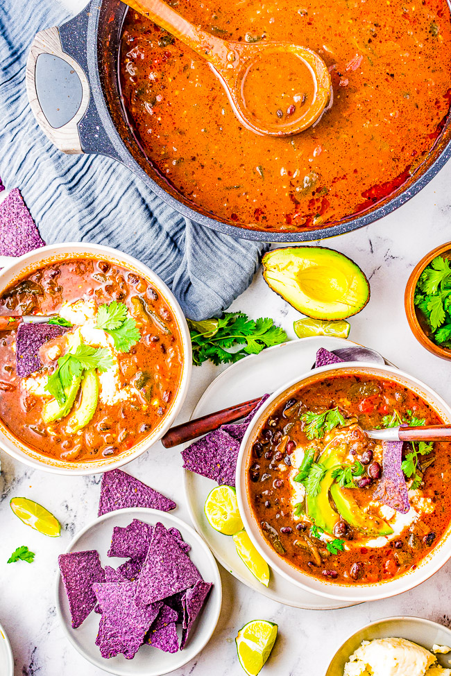 Easy Black Bean Soup – Smoky, savory black bean soup with roasted poblano peppers and an array of spices for layers of rich flavor! Hearty, comforting, and naturally vegan and gluten-free, this soup makes a great HEALTHY meal or robust starter or side!