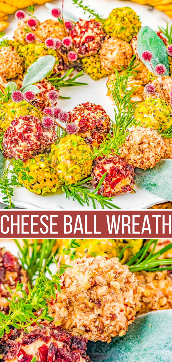 Christmas Cheese Ball Wreath — A delectable cheese ball mixture rolled in festive and colorful toppings and arranged into a wreath! A show-stopping presentation of wonderful cheese bites for your holiday parties and entertaining tables! EASY to make and can be made IN ADVANCE! No one can resist the allure of cheese!