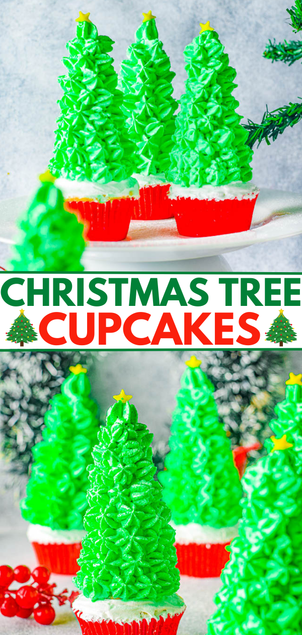 Christmas Tree Cupcakes - Vanilla cupcakes are turned into festive Christmas trees with the help of inverted ice cream cones that are decorated with green whipped cream! An no-mixer, one-bowl cupcake recipe that's so EASY! Perfect on your holiday dessert table or served at your next Christmas party. Detailed instructions provided to help make these Christmas tree cupcakes suitable for even novice bakers.