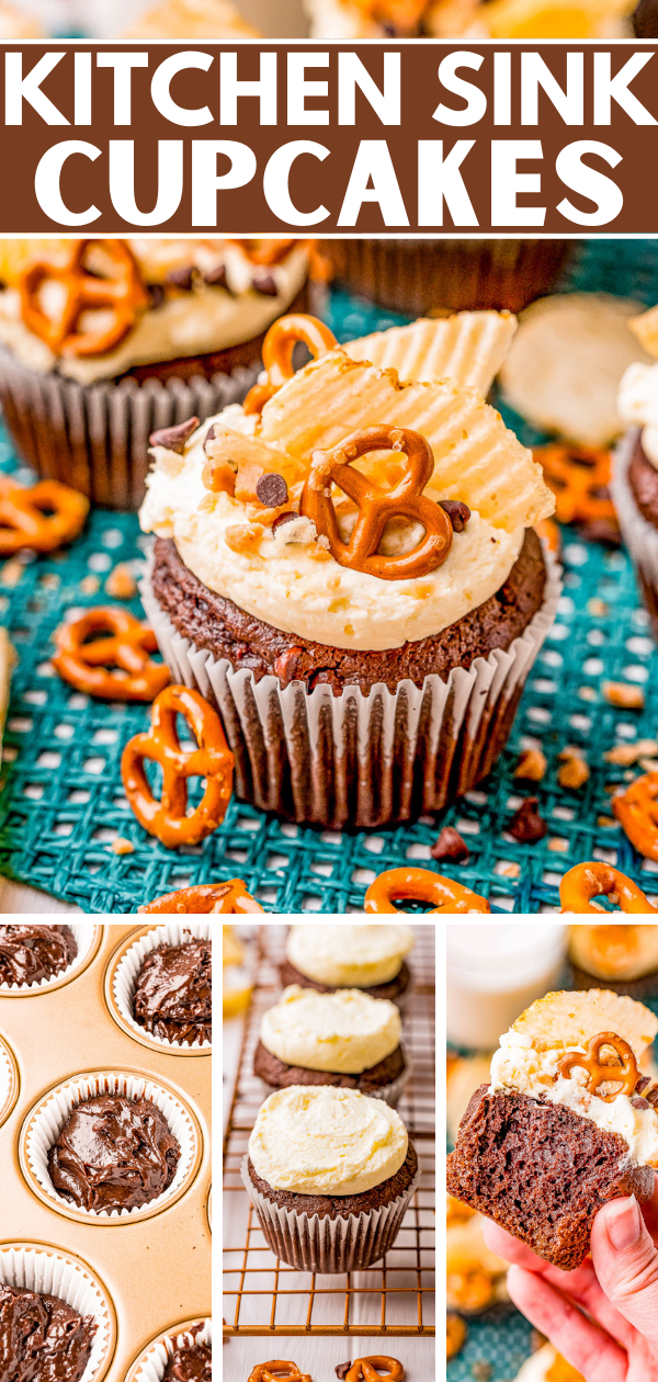 Kitchen Sink Cupcakes - Rich and decadent chocolate cupcakes topped with everything but the kitchen sink including pretzels, potato chips, toffee bits, and chocolate chips! FAST and EASY cupcakes to make because they use a chocolate cake mix base to save you time!