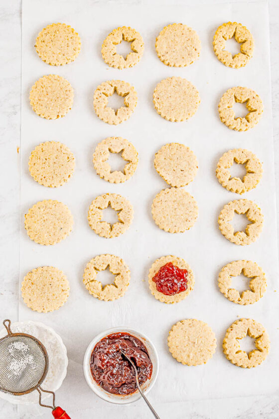 Snowflake Raspberry Linzer Cookies - Averie Cooks