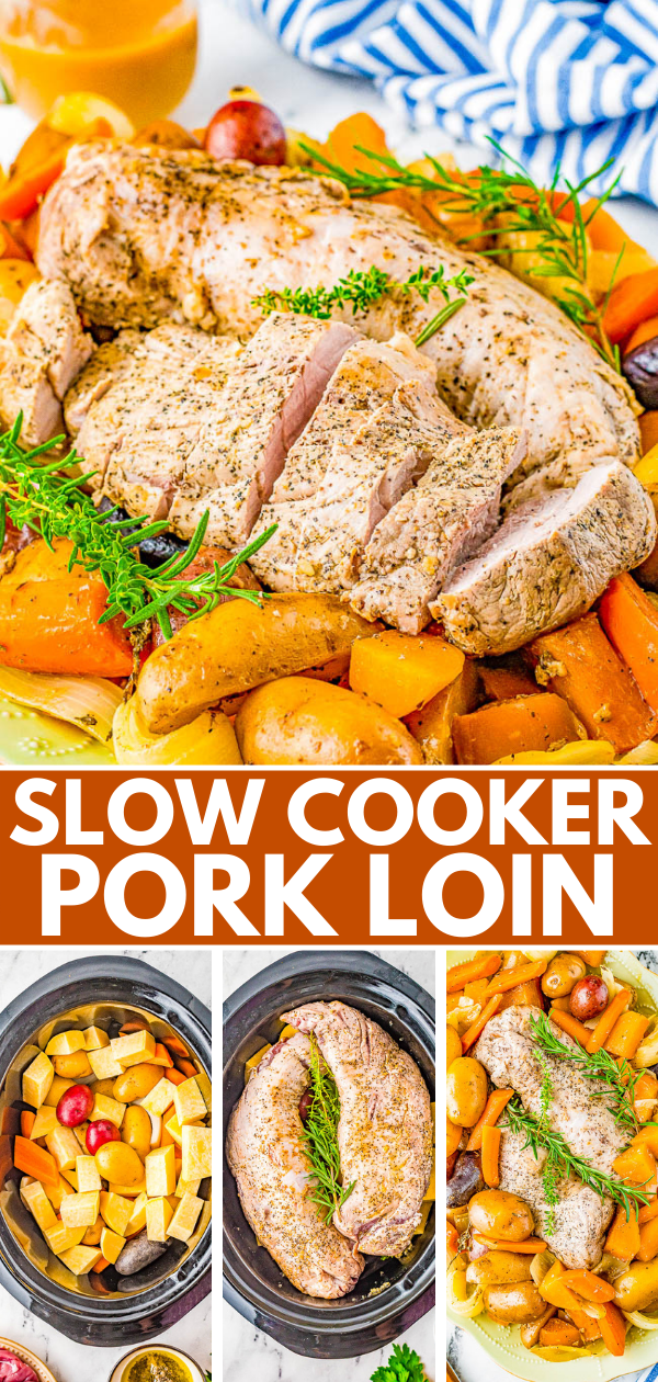 Slow Cooker Pork Loin – Tender, juicy pork loin is slow cooked with hearty vegetables for a complete and EASY meal! Reminiscent of a hearty and rustic recipe, yet fancy enough for a special dinner or holiday entertaining!