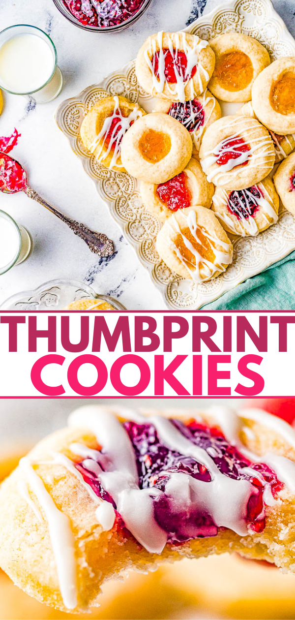 Classic JamThumbprint Cookies — These easy thumbprint cookies are tender, buttery, and the 3 different types of jam turns into chewy little jewels that make these nostalgic family favorite cookies! Great for holiday entertaining, cookie exchanges, showers, or just because! No one can resist the allure of these classic thumbprint cookies!