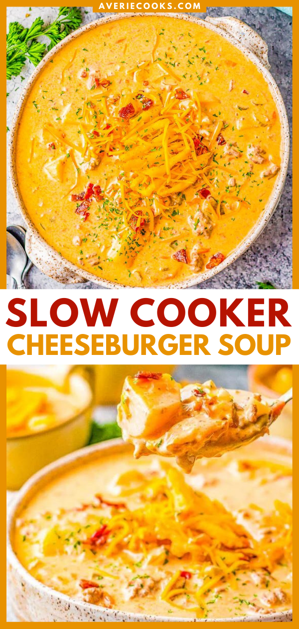 Crockpot Cheeseburger Soup - A decadent dish that's like eating a loaded cheeseburger, but in soup form! Ground beef, bacon, cheese, and an array of vegetables give fantastic depth of flavor. SO EASY because your slow cooker does ALL the work! A guaranteed family favorite especially when it's chilly.