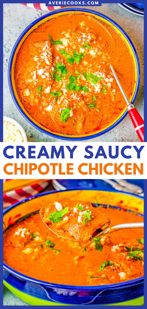Creamy Saucy Chipotle Chicken - When you're in the mood for rich layers of flavor from chipotle sauce and roasted garlic-infused olive oil, this EASY skillet chicken recipe is PERFECT! There's lots of creamy chipotle sauce that's just begging to be sopped up in this family favorite Mexican-inspired recipe!