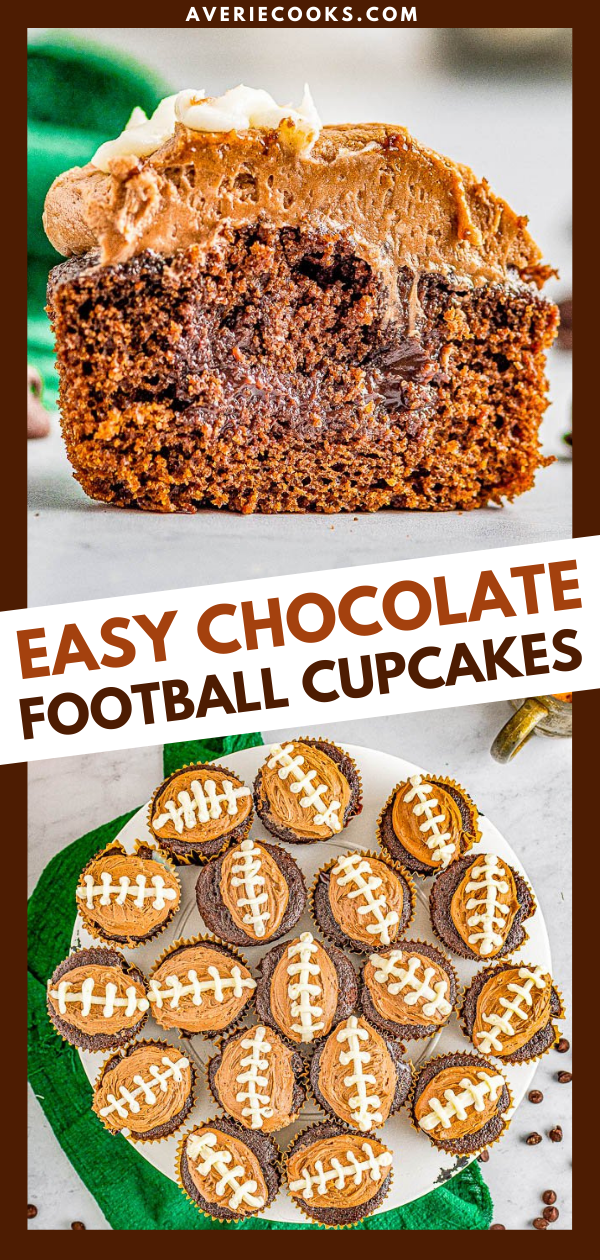 Chocolate Football Cupcakes — Decadent chocolate cupcake filled with a rich chocolate ganache and topped with creamy chocolate buttercream frosting for a trifecta of chocolate! The cupcakes will be game day winners with all your hungry fans!