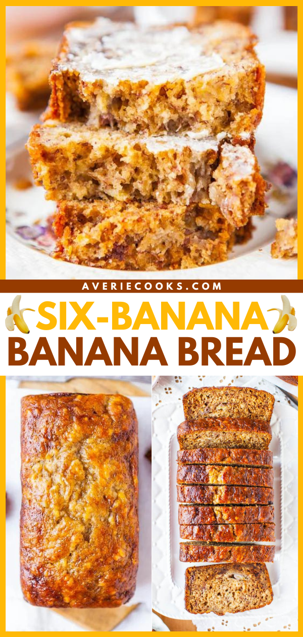 Six-Banana Banana Bread — Not sure what to do with overripe bananas you have on hand? Make this Six-Banana Banana Bread! This is the best banana bread recipe EVER — it's so moist and flavorful! 