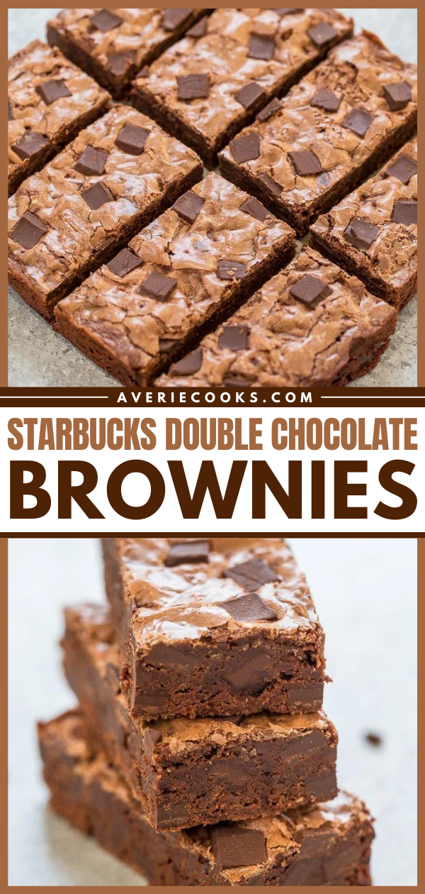 Copycat Starbucks Double Chocolate Brownies — The brownies are rich, fudgy, not cakey, perfectly chewy, and so easy to make. One bowl, no mixer, and studded with chocolate chunks! 