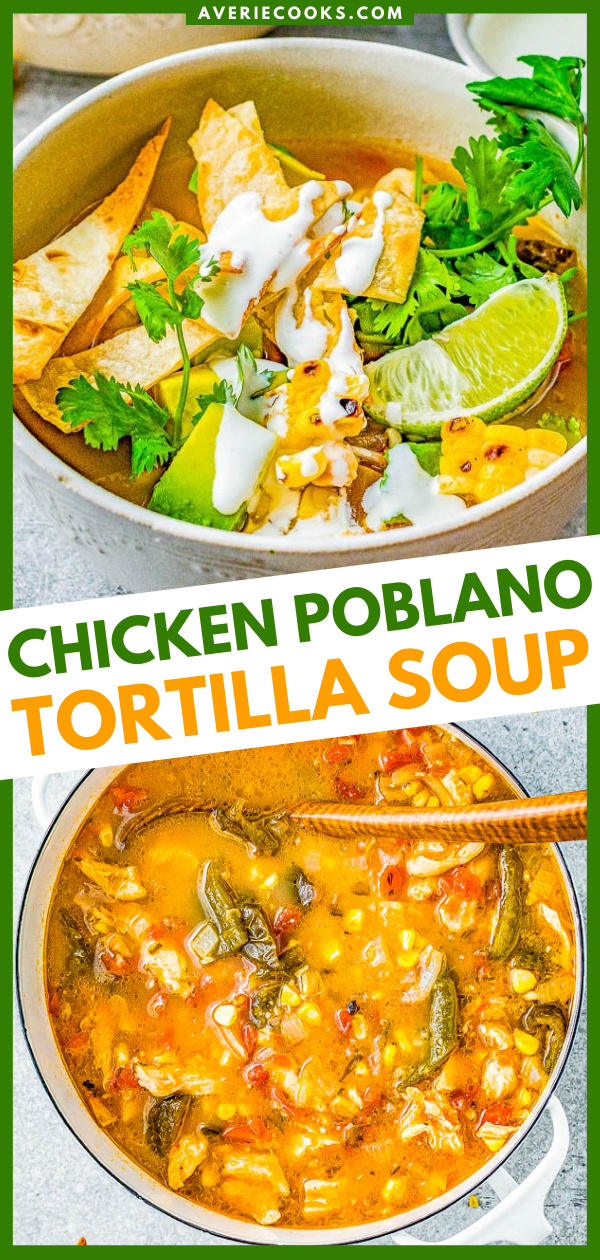 Chicken Poblano Soup — All the familiar flavors of chicken tortilla soup but with the addition of roasted poblanos and tomatillos to give extra heartiness and depth of flavor! An EASY soup, ready in 30 minutes, and a guaranteed family favorite to put on rotation especially for busy weeknights! 